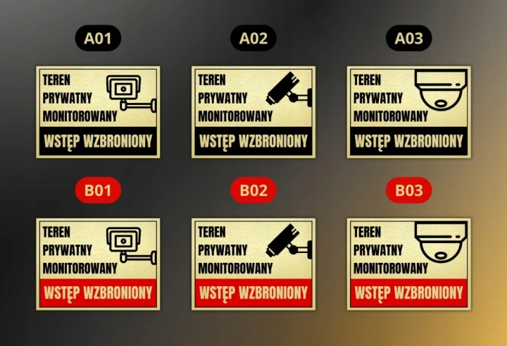 Tabliczka TEREN PRYWATNY MONITOROWANY WSTĘP WZBRONIONY 40x30cm złota DrukUV