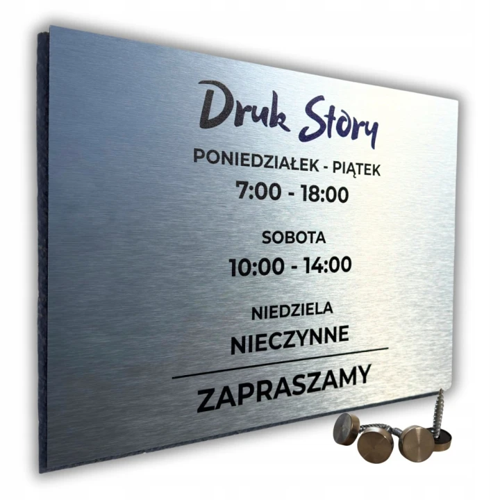 Duża srebrna tabliczka godziny otwarcia 40x30cm personalizowana logo WKRĘTY