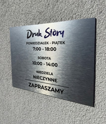 Duża srebrna tabliczka godziny otwarcia 40x30cm personalizowana logo WKRĘTY