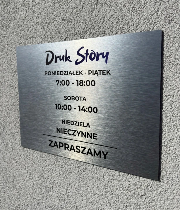 Duża srebrna tabliczka godziny otwarcia 40x30cm personalizowana logo WKRĘTY