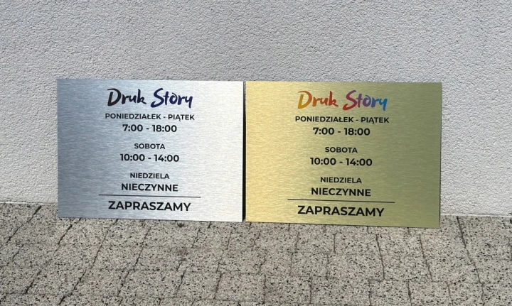 Duża srebrna tabliczka godziny otwarcia 40x30cm personalizowana logo WKRĘTY