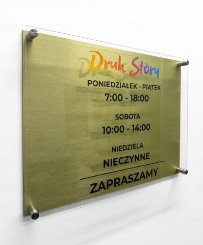 Złota tabliczka 40x30 cm własne logo nazwa godziny pracy otwarcia plexi MIX
