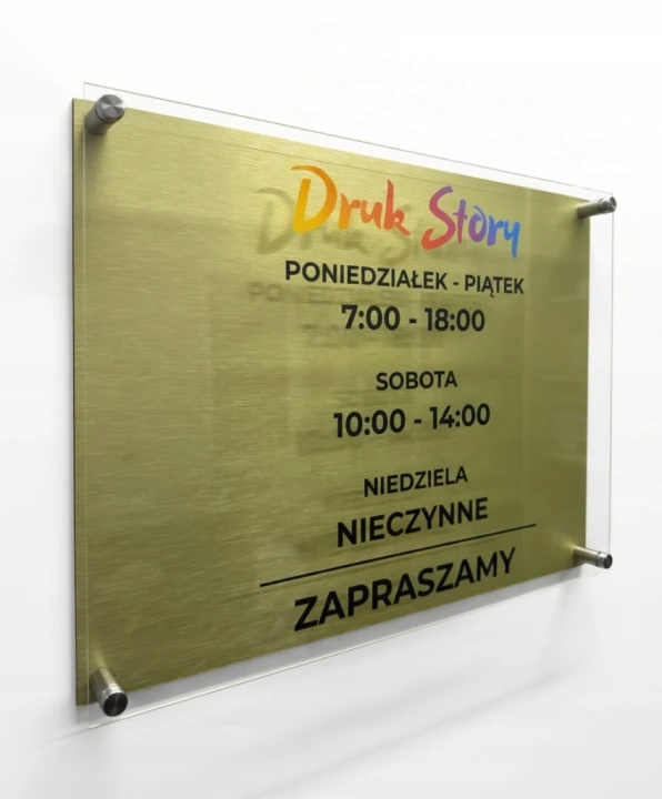 Złota tabliczka 40x30 cm własne logo nazwa godziny pracy otwarcia plexi MIX