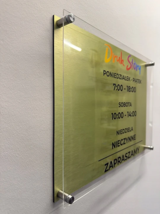 Złota tabliczka 40x30 cm własne logo nazwa godziny pracy otwarcia plexi MIX