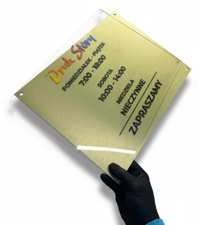 Złota tabliczka 40x30 cm własne logo nazwa godziny pracy otwarcia plexi MIX
