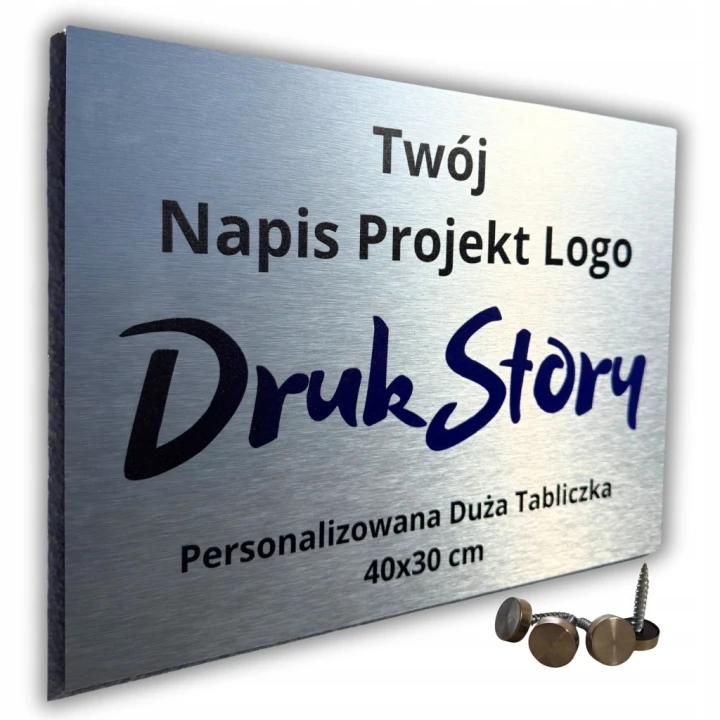 Duża tabliczka z własnym projektem 40x30 logo napis srebrna personalizowana