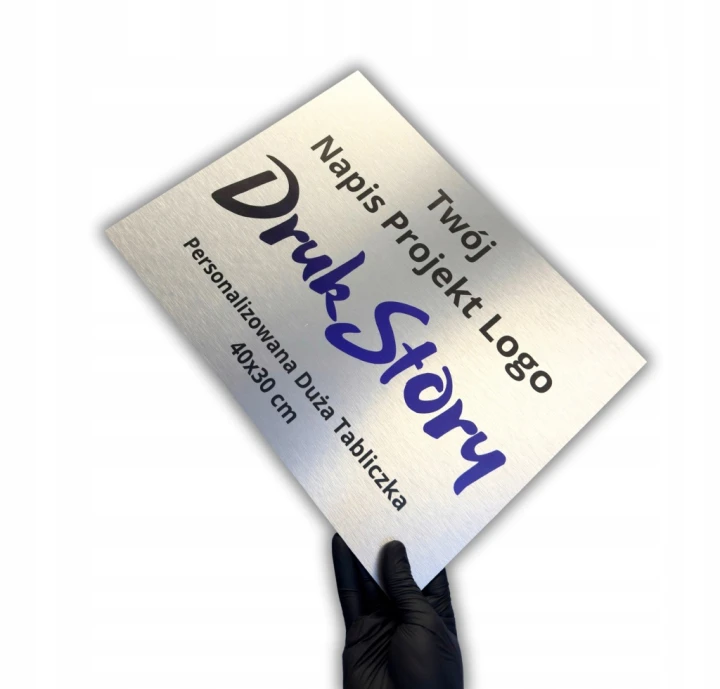 Duża tabliczka z własnym projektem 40x30 logo napis srebrna personalizowana