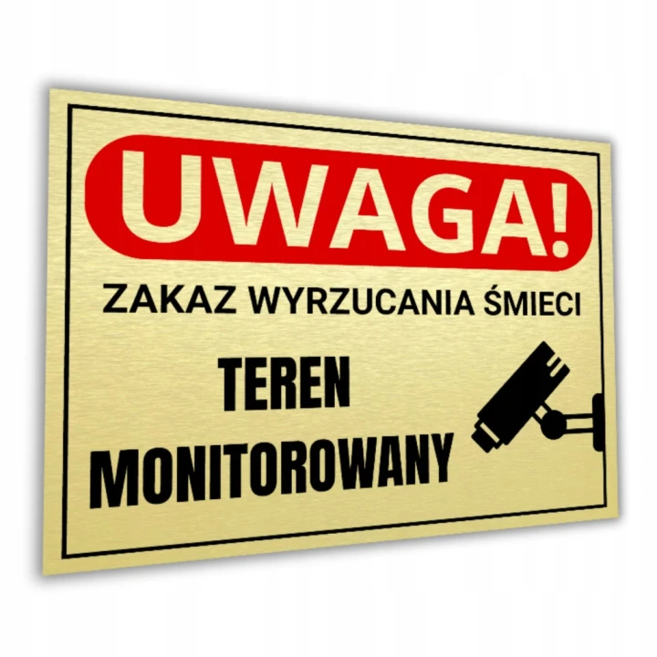 Tabliczka ZAKAZ WYRZUCANIA ŚMIECI TEREN MONITOROWANY 40x30cm złota Druk UV