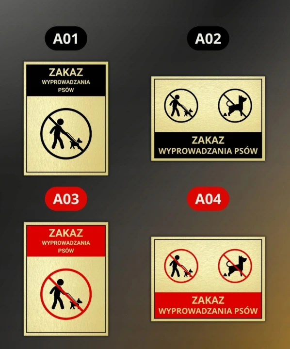 Tabliczka ZAKAZ WYPROWADZANIA PSÓW 40x30cm informacyjna druk UV złota