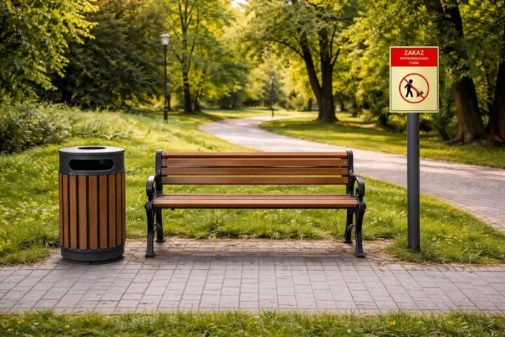 Tabliczka ZAKAZ WYPROWADZANIA PSÓW 40x30cm informacyjna druk UV złota