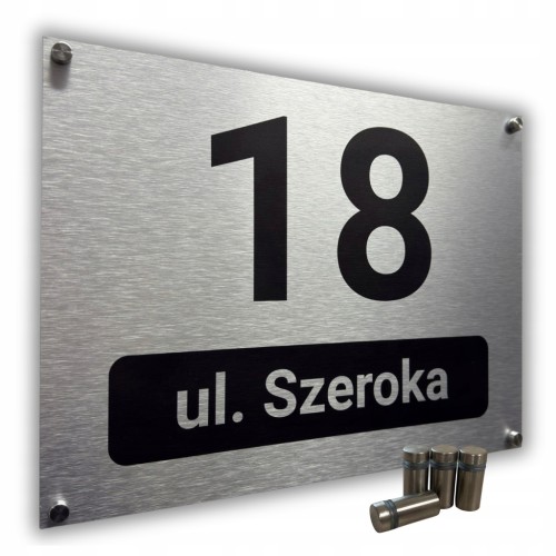 Duża tabliczka adresowa 40x30 cm numer domu ulica miasto srebrna + DYSTANSE