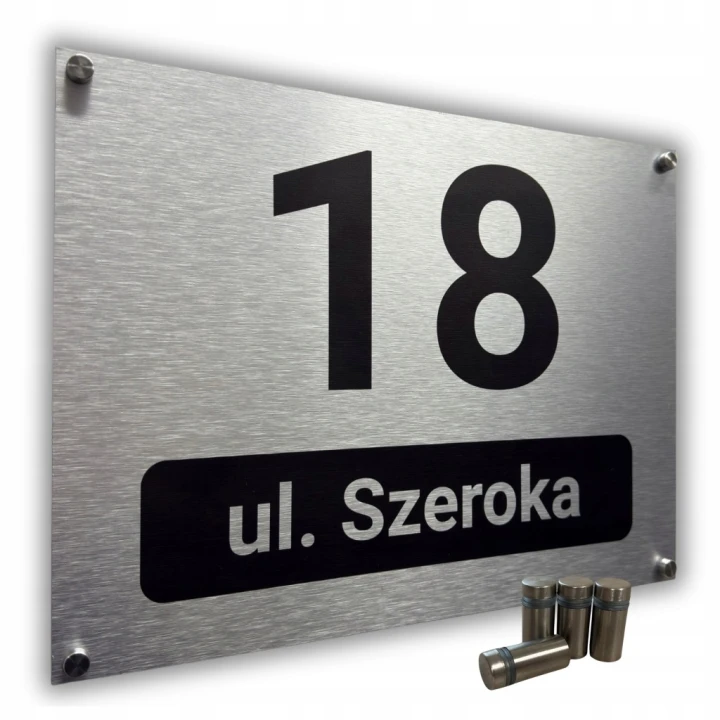 Duża tabliczka adresowa 40x30 cm numer domu ulica miasto srebrna + DYSTANSE