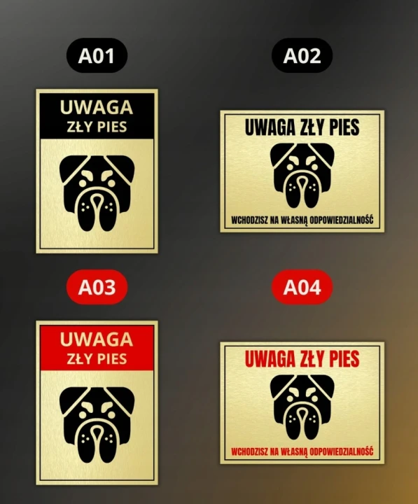Duża Tabliczka UWAGA ZŁY PIES 40x30cm złota informacyjna druk UV aluminium