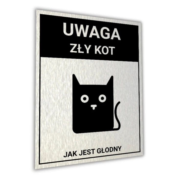 Duża Tabliczka UWAGA ZŁY KOT 40x30cm informacyjna druk UV aluminium