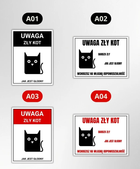 Duża Tabliczka UWAGA ZŁY KOT 40x30cm PCV 3MM informacyjna druk UV